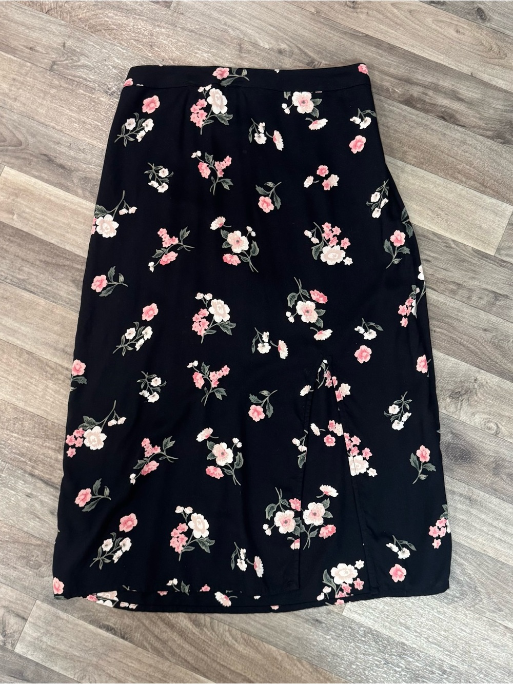 Hollister Floral Midi Skirt M Black Pink Rose Print High Rise Boho Cottagecore